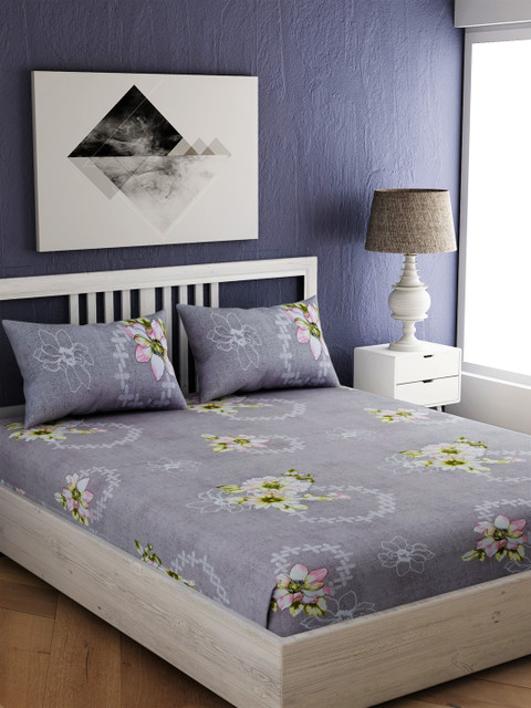 

EverHOME Grey Floral 144 TC Cotton 1 King Bedsheet with 2 Pillow Covers