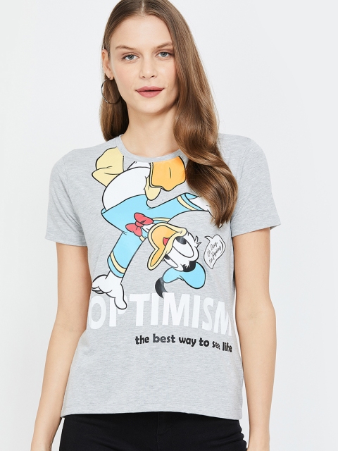 

Ginger by Lifestyle Women Grey Melange Printed Round Neck T-shirt