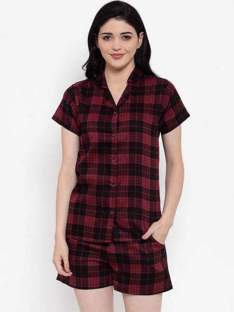 

Claura Women Maroon & Black Checked Shorts Set