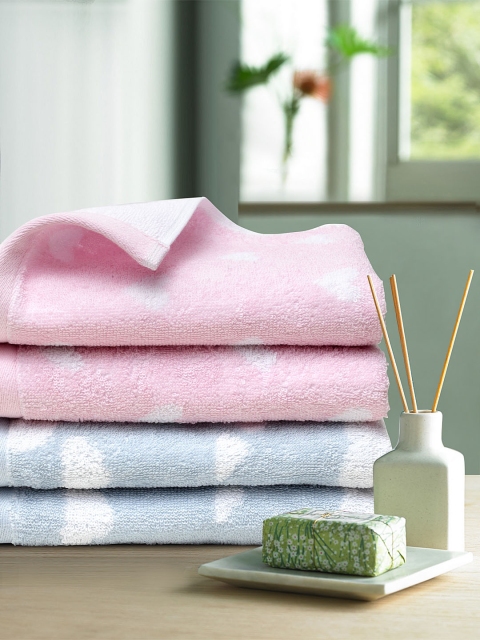 

Trident Unisex Set Of 4 Pink & Blue Jaquard 500 GSM Hand Towels