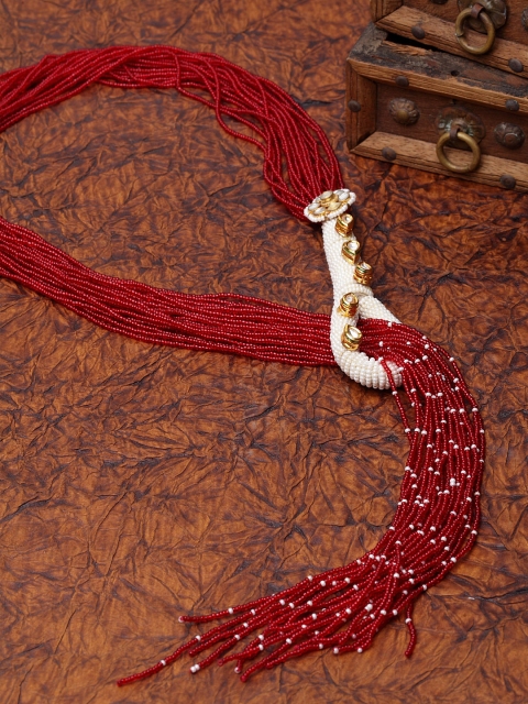 DUGRISTYLE Red & Gold-Plated Sterling Silver Pearl Tie Necklace