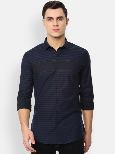 

V Dot Men Navy Blue Skinny Fit Striped Casual Shirt
