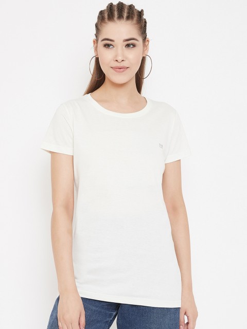 

Okane Women Off-White Solid Round Neck T-shirt