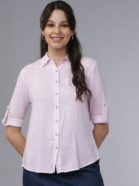 

Tokyo Talkies Women Pink Regular Fit Striped Casual Shirt