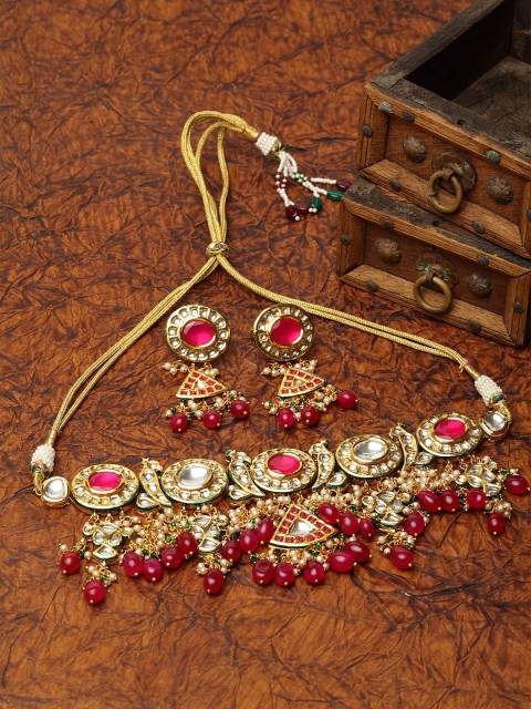 

DUGRISTYLE Gold-Plated & Red Kundan-Studded Sterling Silver Handcrafted Jewellery Set