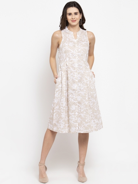 Ayaany Women Beige & White Floral Print Fit and Flare Dress