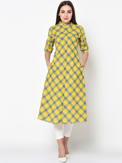 

FLAVIDO Women Yellow & Blue Checked A-Line Kurta