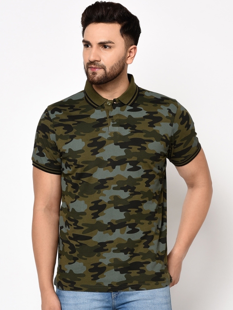 

98 Degree North Men Olive Green Camouflage Print Polo Collar T-shirt