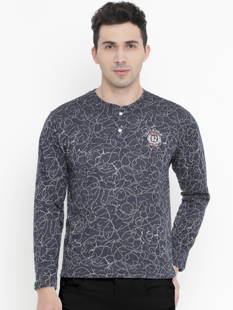

WITH Men Blue Printed Henley Neck T-shirt