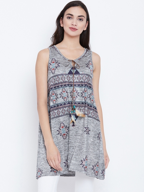 

Camey Women Multicoloured Tribal Print Longline Tank Top with Tie Up, Multi