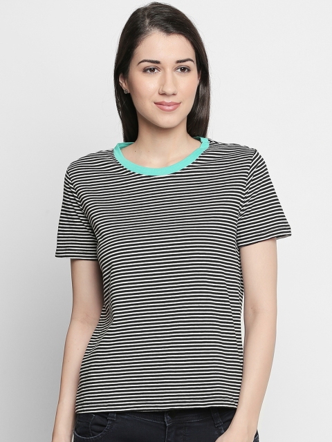 

Ajile by Pantaloons Women White & Black Striped Round Neck T-shirt