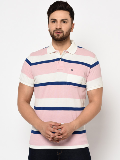

98 Degree North Men Pink & White Striped Polo Collar T-shirt