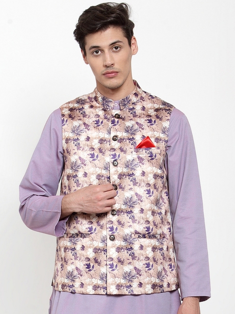 

NEUDIS Men Beige & Purple Printed Satin Nehru Jacket