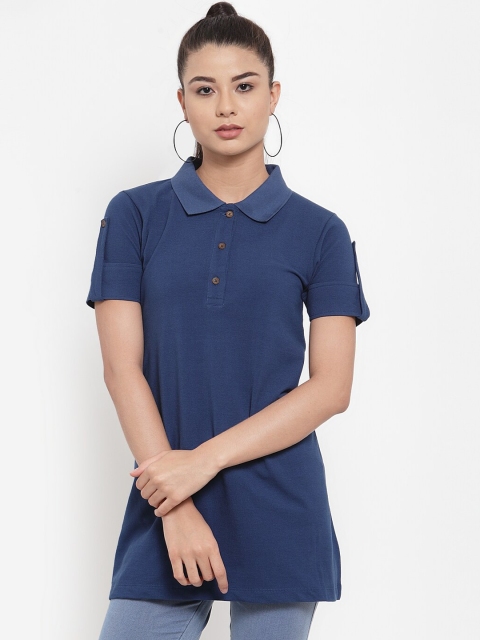 

Kalt Women Blue Solid Longline Polo Collar T-shirt