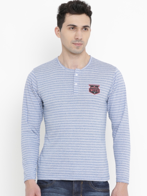 

WITH Men Blue Striped Henley Neck T-shirt