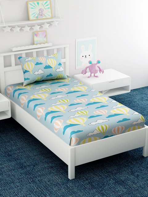 

EverHOME Turquoise Blue & White Conversational 210 TC Cotton 1 Single Bedsheet with 1 Pillow Covers