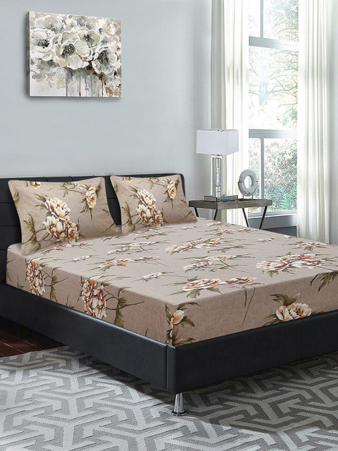 

Good Homes by Home Candy Taupe Floral 144 TC Cotton 1 Queen Bedsheet with 2 Pillow Covers