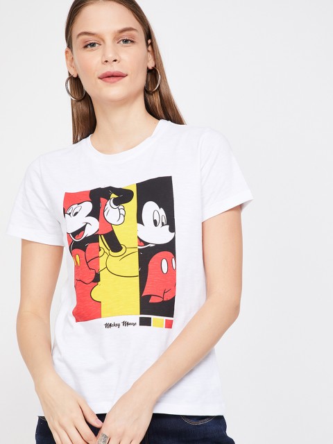 

Ginger by Lifestyle Women White & Black Mickey Mouse Print Top