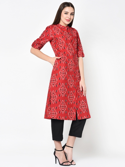 

FLAVIDO Women Red & Maroon Ikat Printed Straight Kurta
