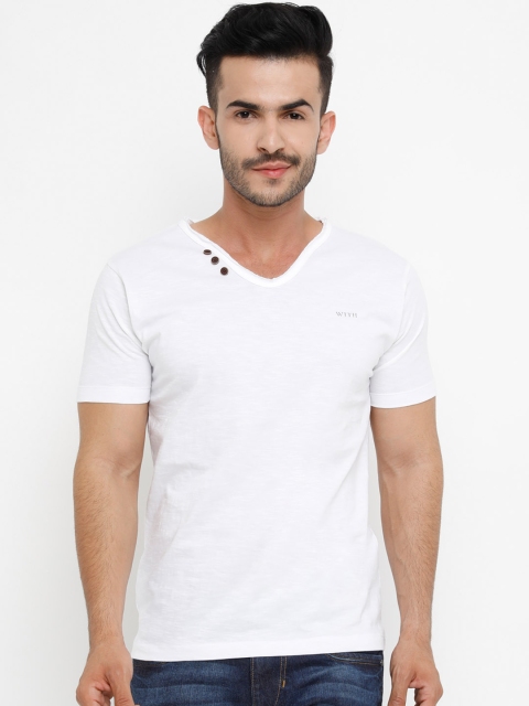 

WITH Men White Solid V-Neck T-shirt