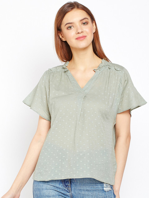 

Oxolloxo Women Green Self Design Pure Cotton Top