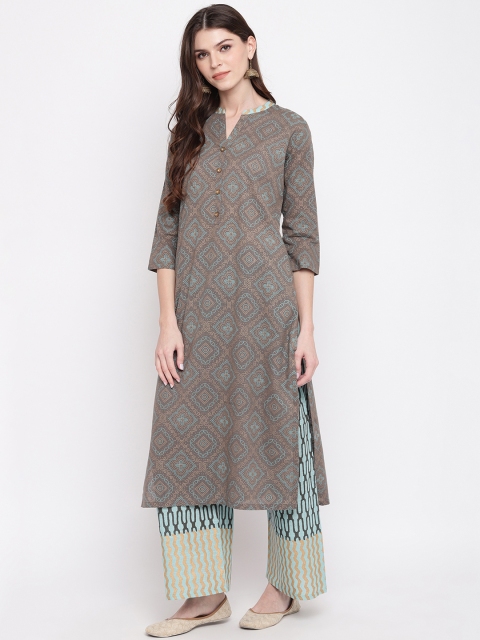 

Vbuyz Women Grey & Green Foil Printed Kurta with Palazzos
