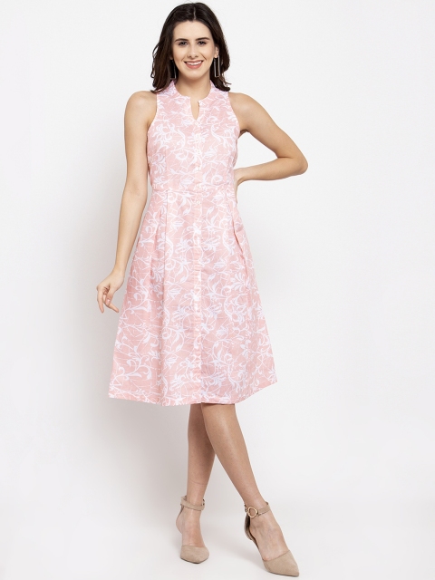 

Ayaany Women Salmon Pink & White Floral Print Fit and Flare Dress