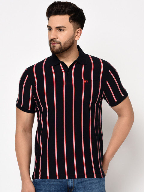 

98 Degree North Men Black Striped Polo Collar T-shirt