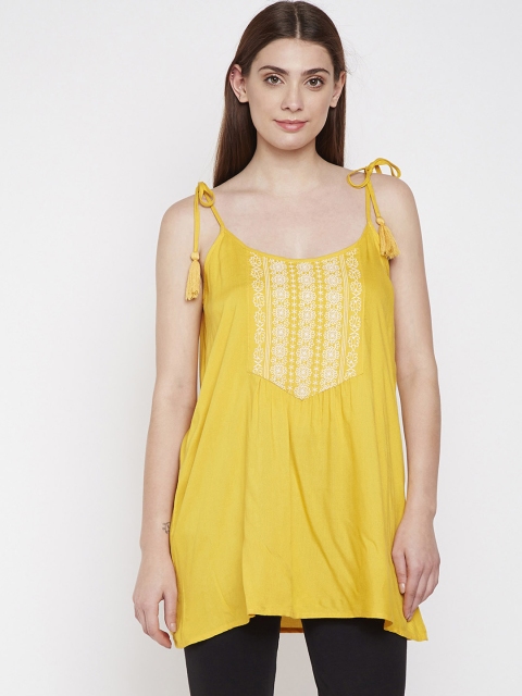 

Oxolloxo Women's Mustard Yellow & White Embroidered Tunic