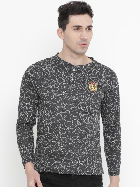 

WITH Men Grey Printed Henley Neck T-shirt