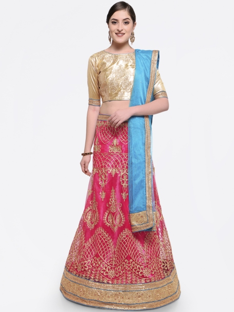 

MANVAA Pink & Gold-Coloured Semi-Stitched Lehenga & Unstitched Blouse with Dupatta