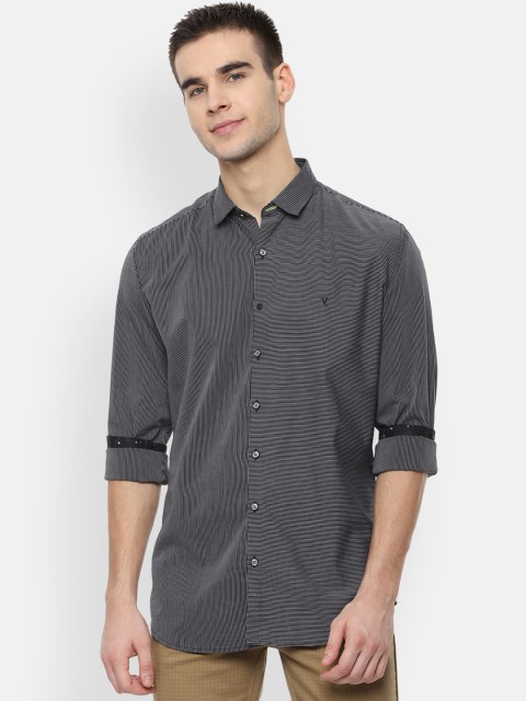 

V Dot Men Grey & Black Slim Fit Striped Casual Shirt