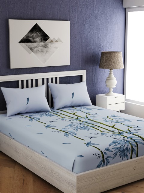 EverHOME Blue & Green Floral 210 TC Cotton 1 Queen Bedsheet with 2 Pillow Covers