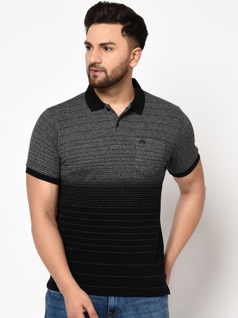 

98 Degree North Men Black & Grey Striped Polo Collar T-shirt