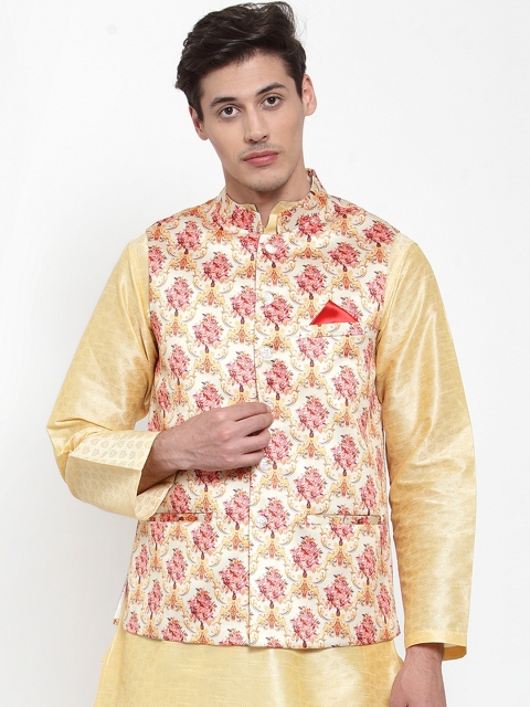 

NEUDIS Men Beige & Pink Floral Printed Satin Nehru Jacket