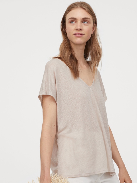

H&M Women Beige V-Neck Linen T-Shirt