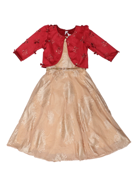 

Doodle Girls Gold-Coloured & Red Self Design A-Line Dress With Jacket