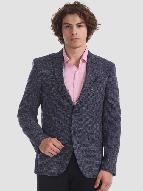 

AD By Arvind Men Blue Self-Design Single-Breasted Formal Blazer