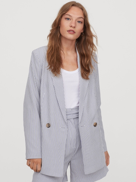 

H&M Women White & Navy Blue Striped Double-Breasted Jacket