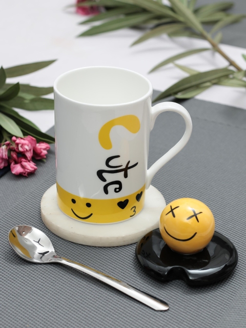 

JCPL Set Of 2 White & Yellow Printed Cute Smiley Mugs With Lid & Spoon