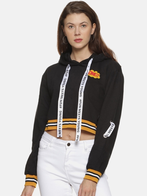 

Campus Sutra Women Black Solid Hooded Sweatshirt