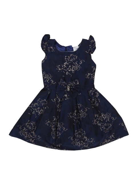 

Doodle Girls Navy Blue & Gold Self Design Fit and Flare Dress