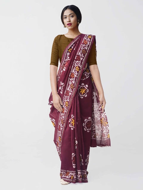 

Unnati Silks Burgundy & White Silk Cotton Batik Print Chanderi Saree