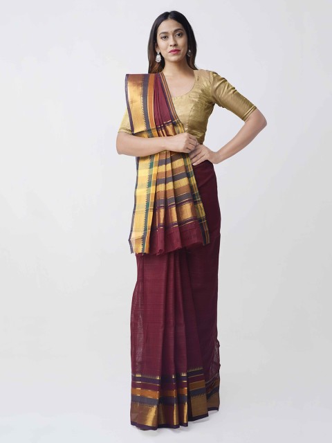 

Unnati Silks Maroon & Gold Pure Cotton Woven Design Chettinad Saree