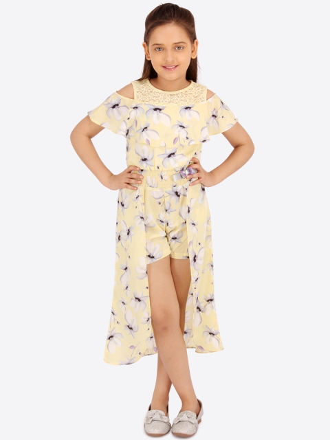 

CUTECUMBER Girls Yellow & Grey Floral Print Fit and Flare Dress