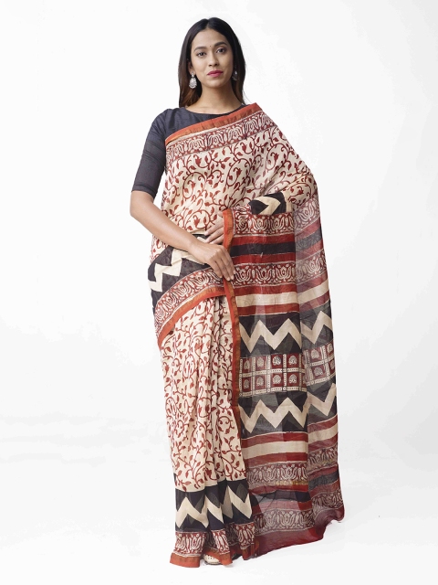 

Unnati Silks Cream & Black Silk Cotton Printed Chanderi Saree