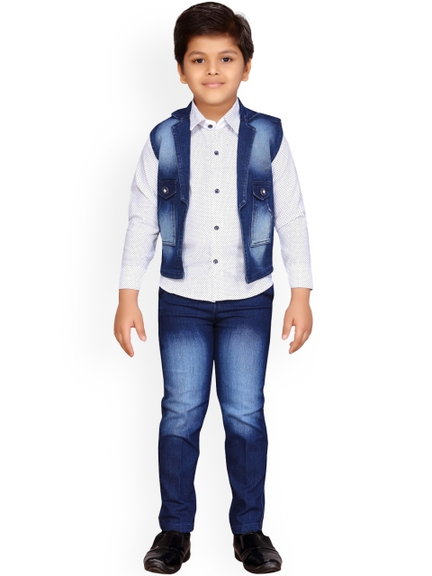 

Aj DEZInES Boys White & Blue Printed Shirt with Trousers & Waistcoat