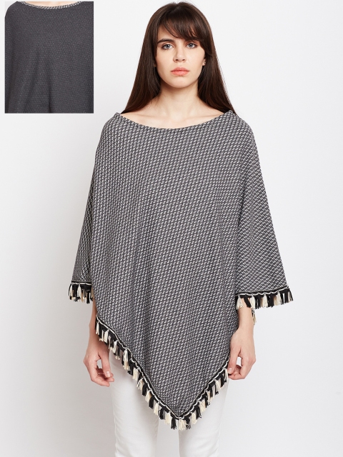 

Skidlers Women Black & Grey Self Design Reversible Poncho Sweater
