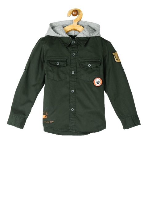 

Cherokee Boys Green Regular Fit Solid Casual Hooded Shirt