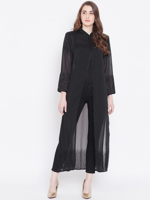 

LE BOURGEOIS Women Black Embellished Open Front Longline Shrug
